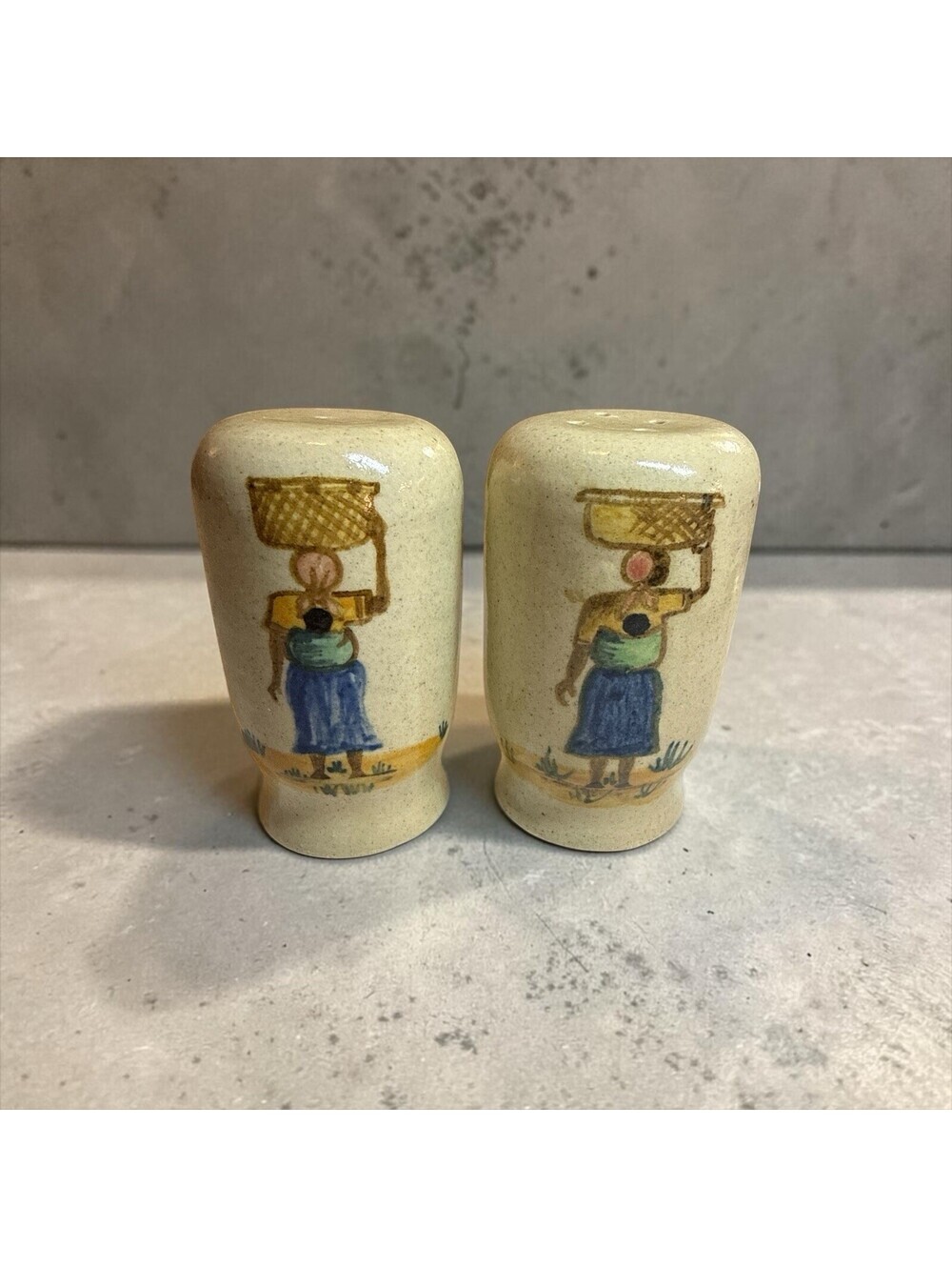 Stoneware Salt & Pepper Shaker with Women Carrying Baskets Pottery 3.25"H